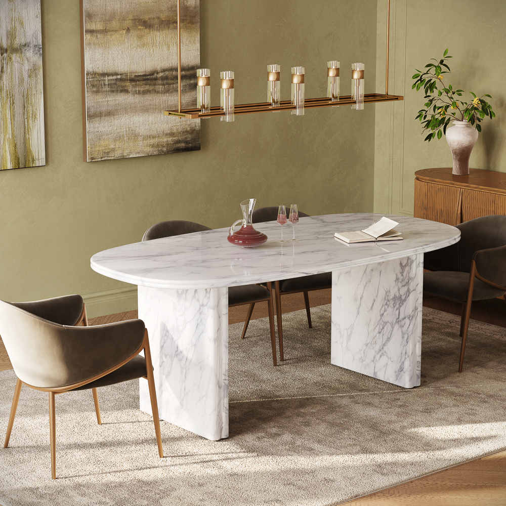 Real Carrara White Marble Dining Table 71 Inch, Oval Dining Table for 6, Modern Contemporary Luxury Stone Tabletop with Double Pedestal for Dining Room