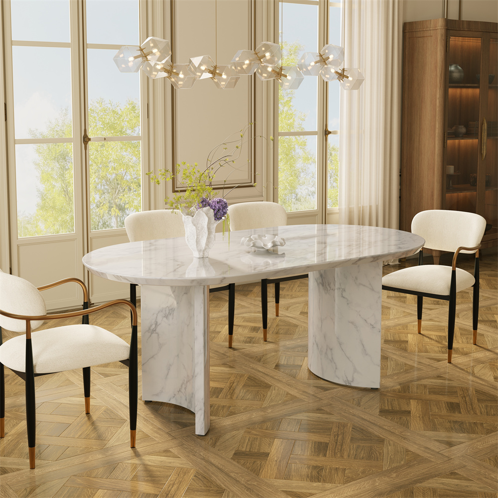 White Oval Curved-Base Marble Dining Table for 6, Sculptural Curved Double Pedestal Base, Artdeco Vintage Mid Century Luxury style 71" Table