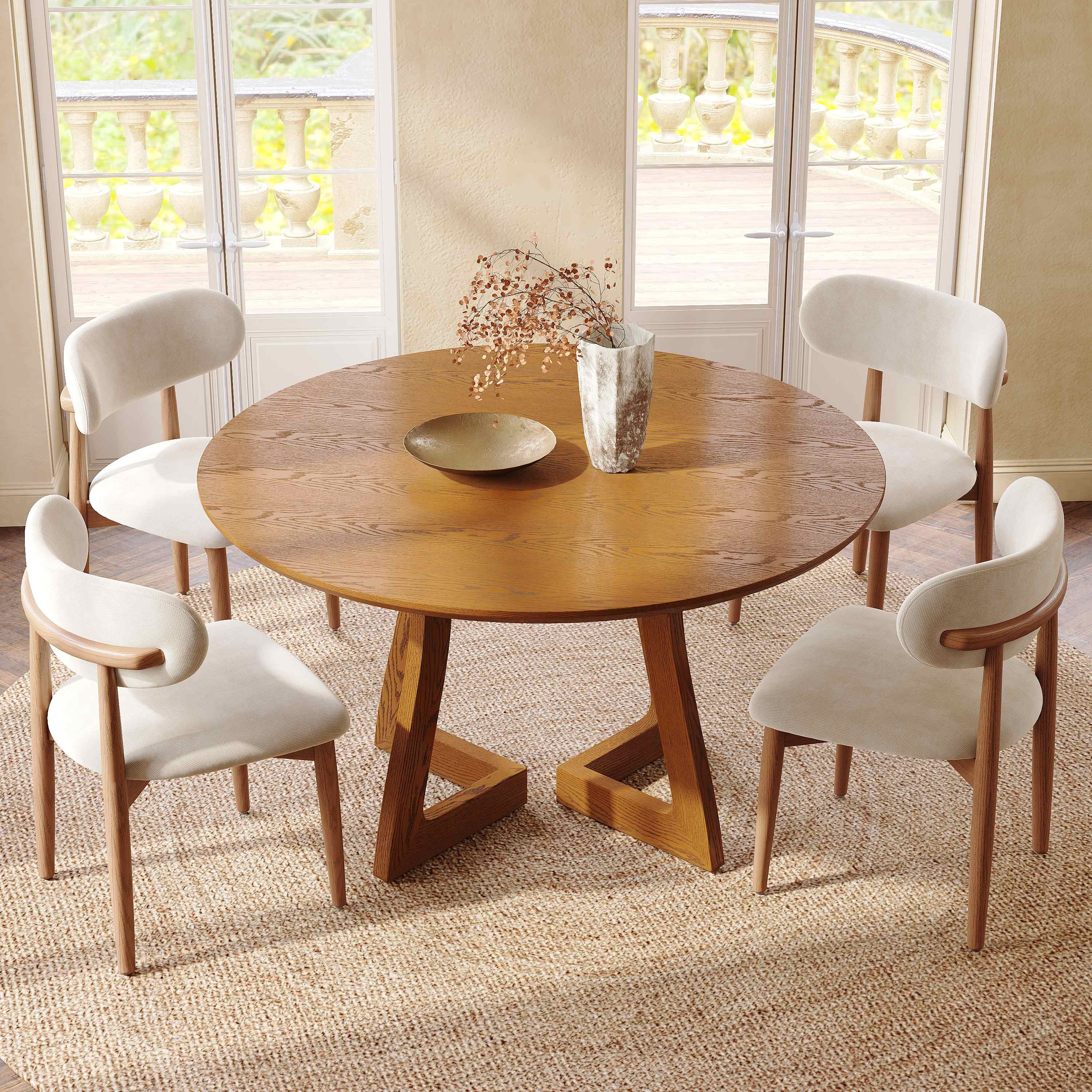 Mid-Century Modern Round Wooden Dining Table, Sculptural Curved Trestle Base, Walnut Finish, Seats 4, 47'' Table