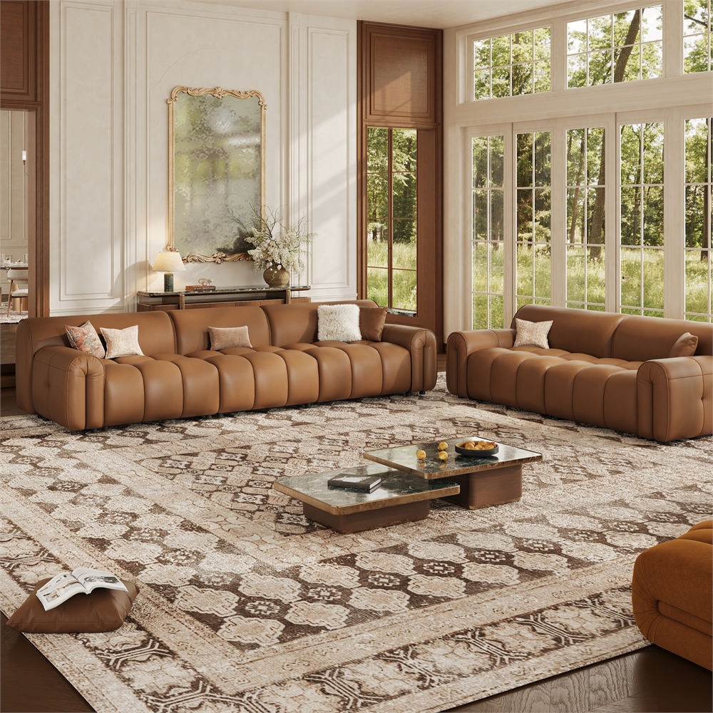 2+3 Seater Caramel Top Grain Leather Tufted Sofa with Solid Wood Frame