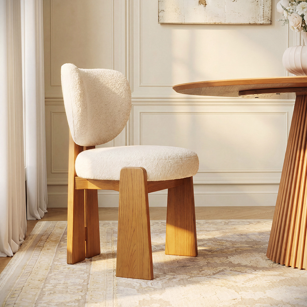 Organic Modern Upholstered Wood Dining Chairs Set of 2, Waterproof Bouclé Chairs, Barrel Dining Chairs, Beige & Chestnut