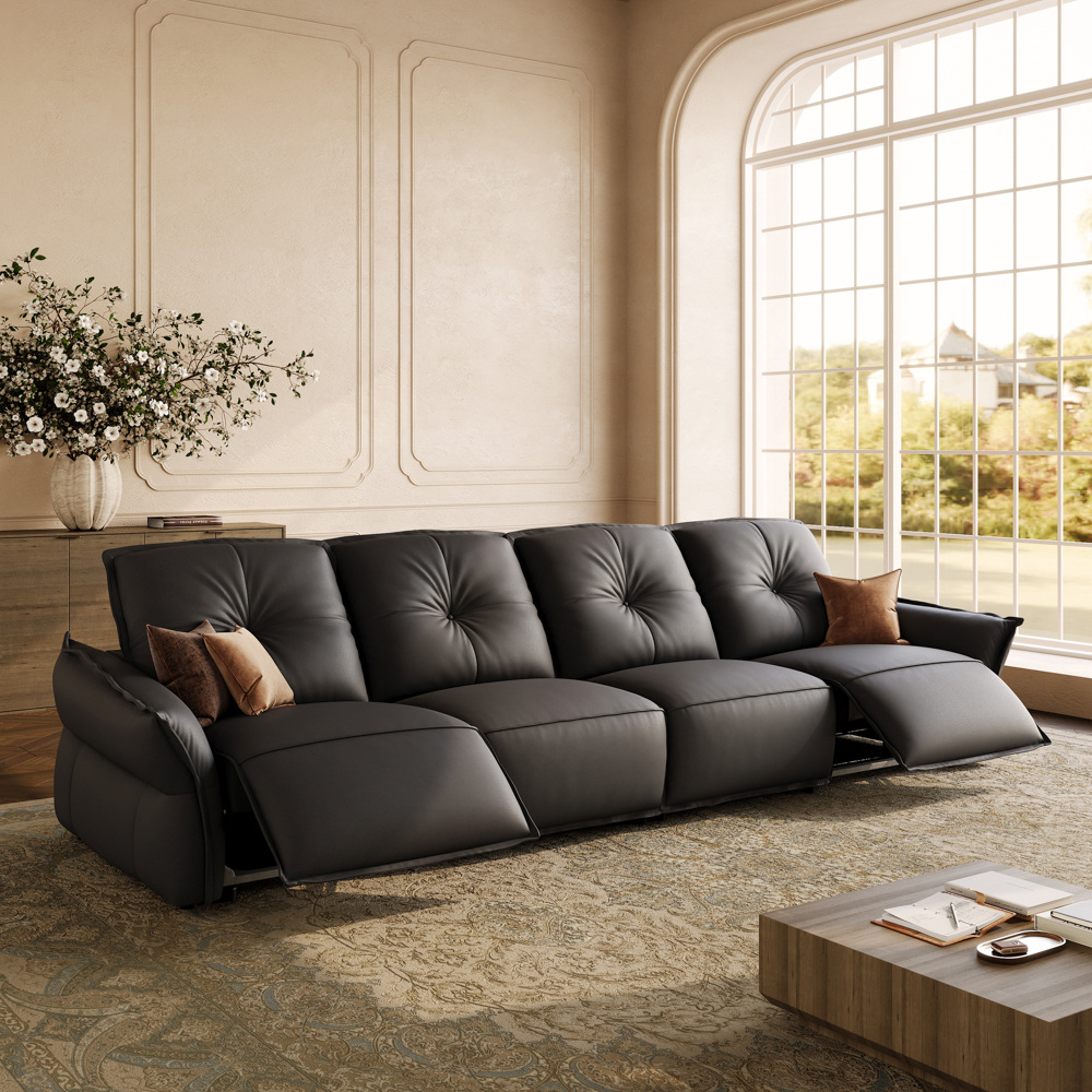 142" Luxury Top-Grain Leather Power Reclining Sofa with Independently Adjustable Headrests and Footrests, Zero-Wall Design, Wall Hugger Recliner Sofa Living Room Black