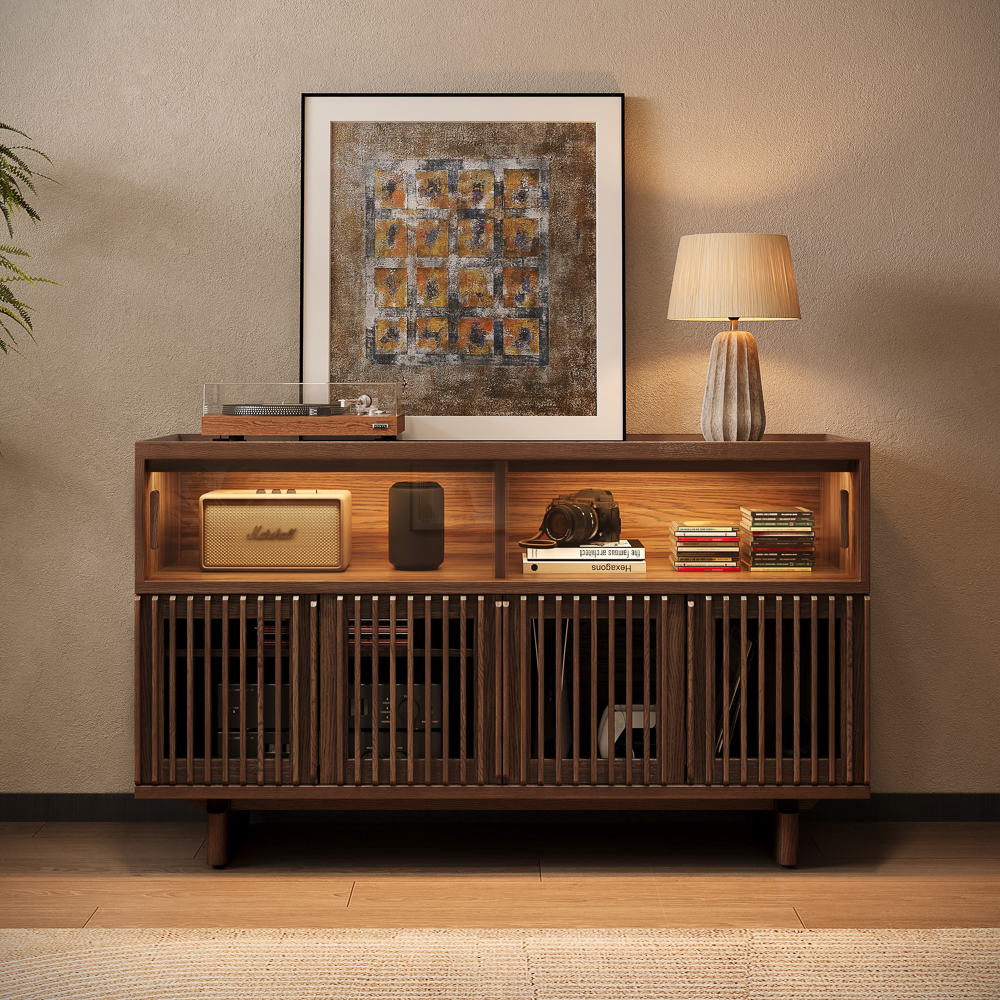 Arboren-55" Mid-Century Modern Tall Media Console,Display Sideboard with Adjustable LED Lights,Large Storage Walnut Cabinet,Fluted Sideboard