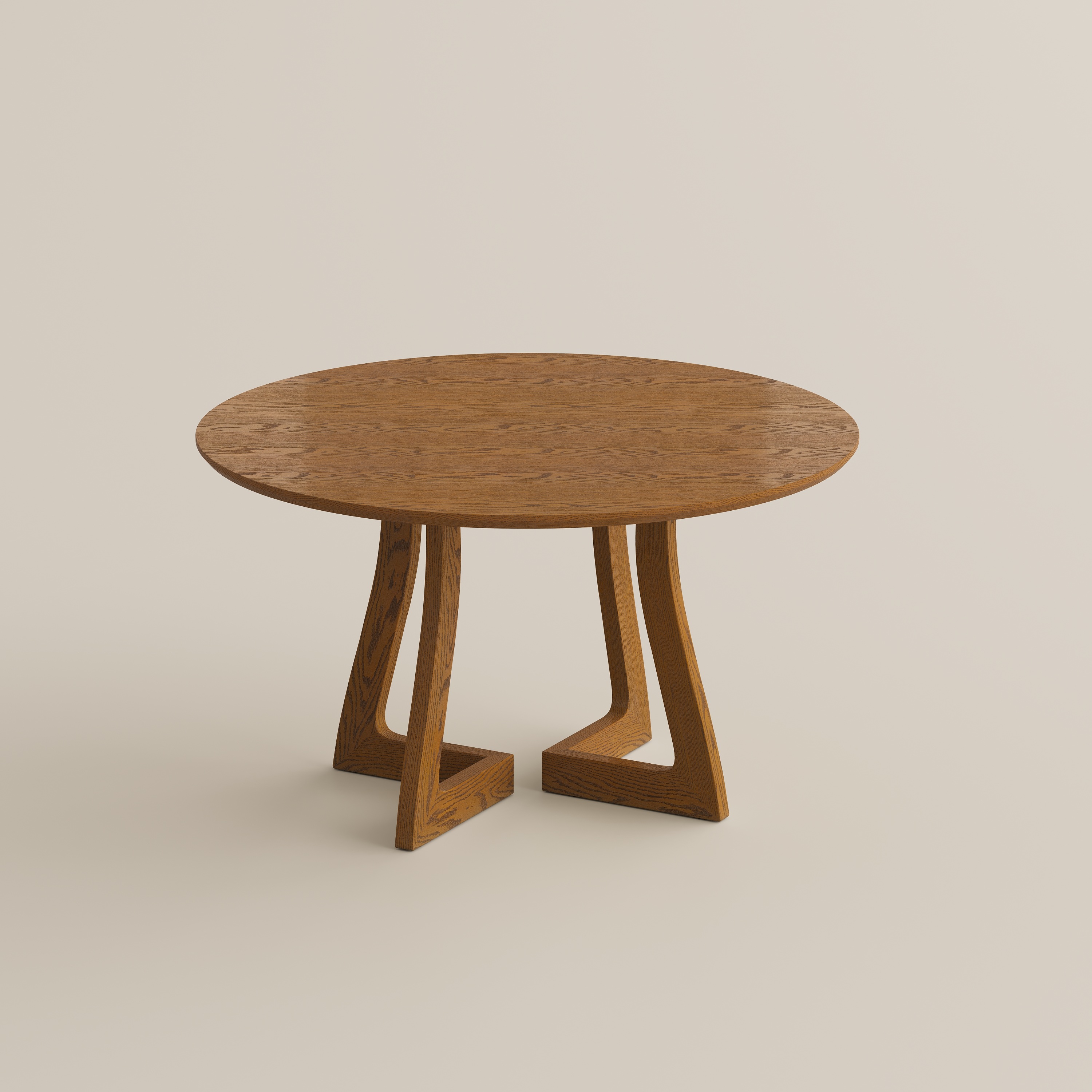 Mid-Century Modern Round Wooden Dining Table, Sculptural Curved Trestle Base, Walnut Finish, Seats 4-6