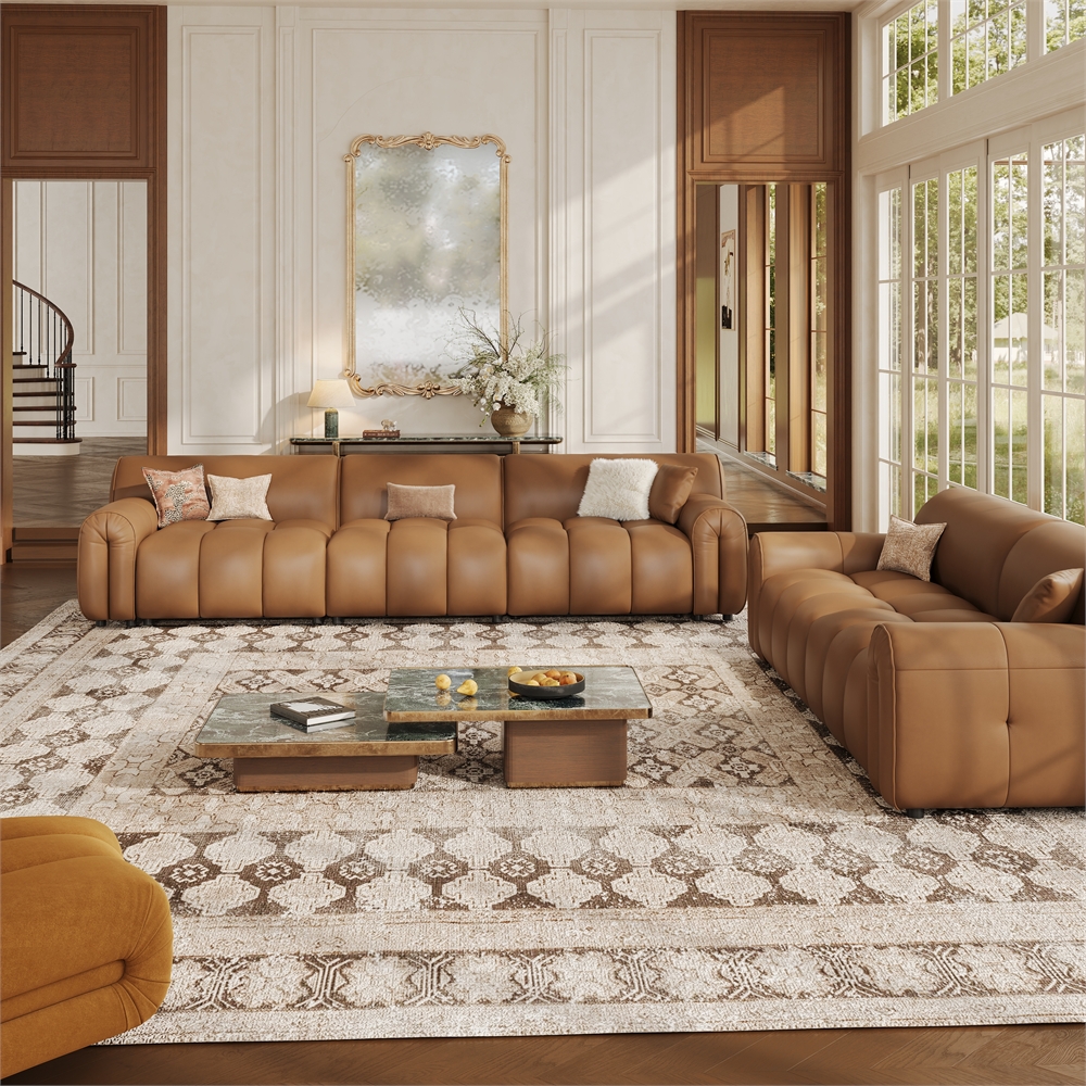 2+3 Seater Top Grain Leather Tufted Sofa with Solid Wood Frame