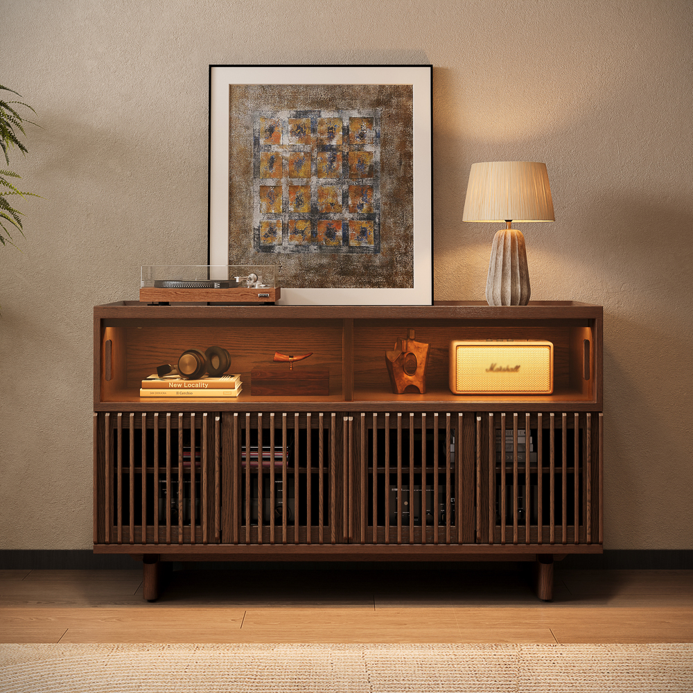 Arboren-55" Mid-Century Modern Tall Media Console,Display Sideboard with Adjustable LED Lights,Large Storage Walnut Cabinet,Fluted Sideboard